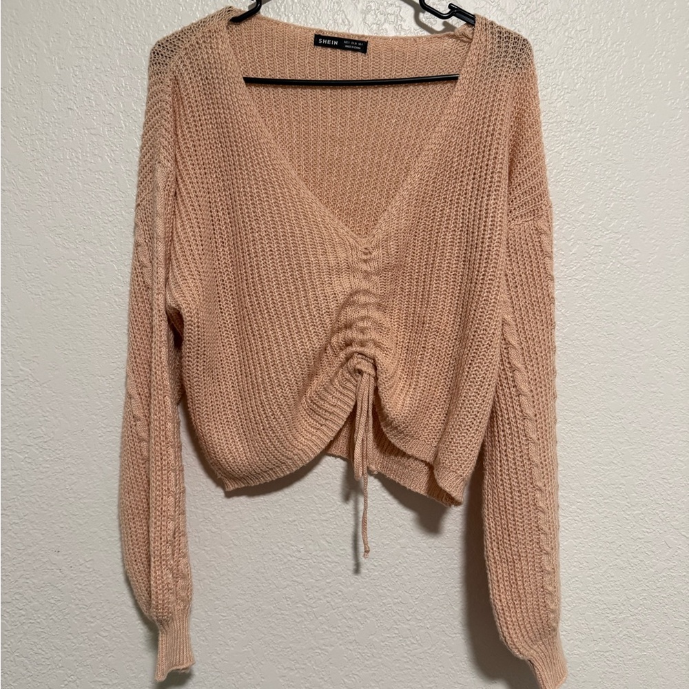 SHEIN V-Neck Ruched Sweater - Light Tan